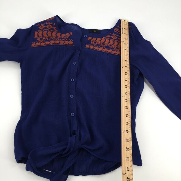 Edge Embroidered Tie Front Top Size Medium Royal Blue Dark Orange Boho Blouse M - Picture 8 of 8